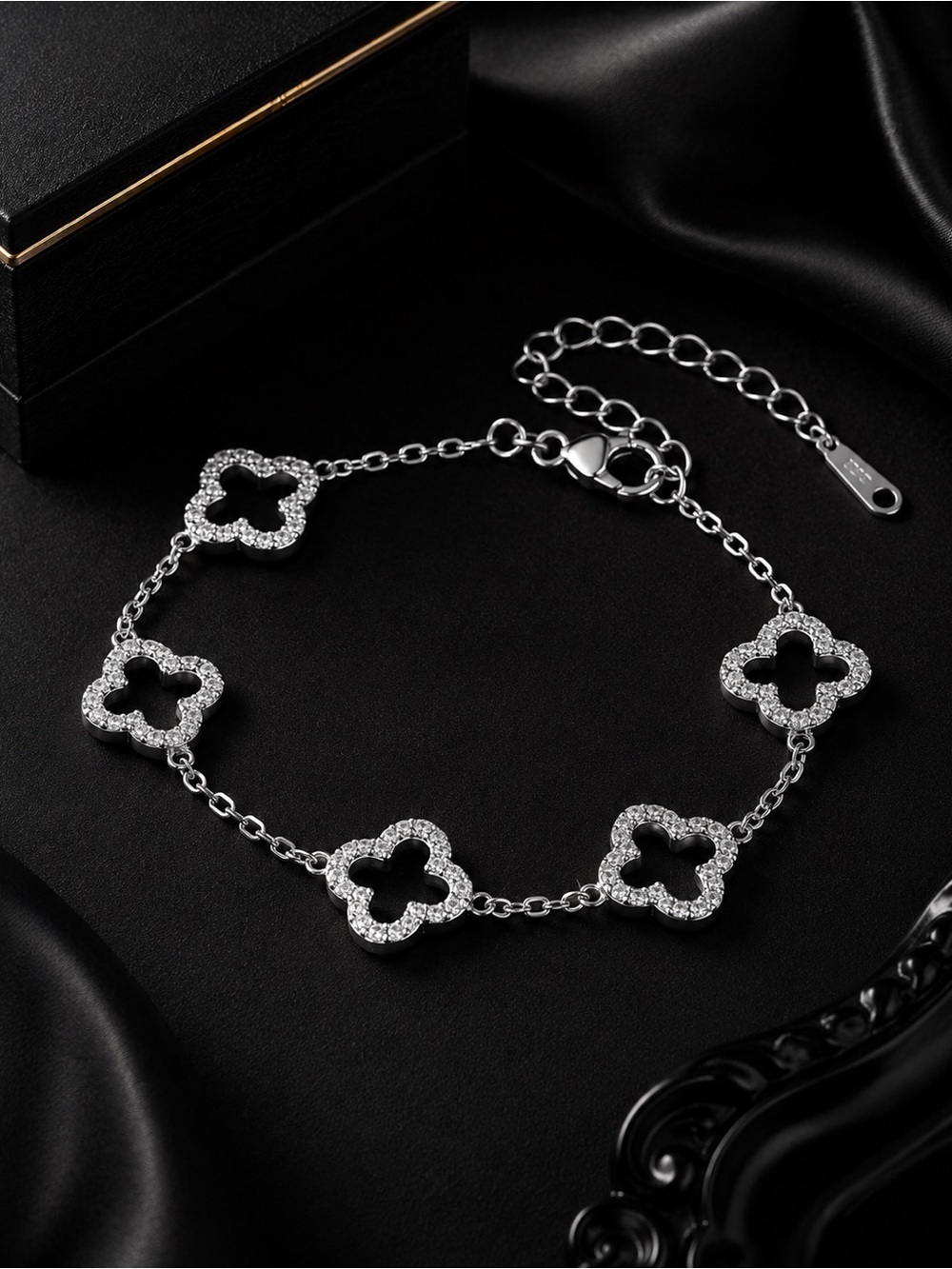 Silver Clover Link Bracelet with Crystals